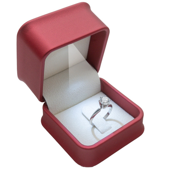 LED Lighted Ring Box with Clip Features Plush Red Leatherette Exterior
