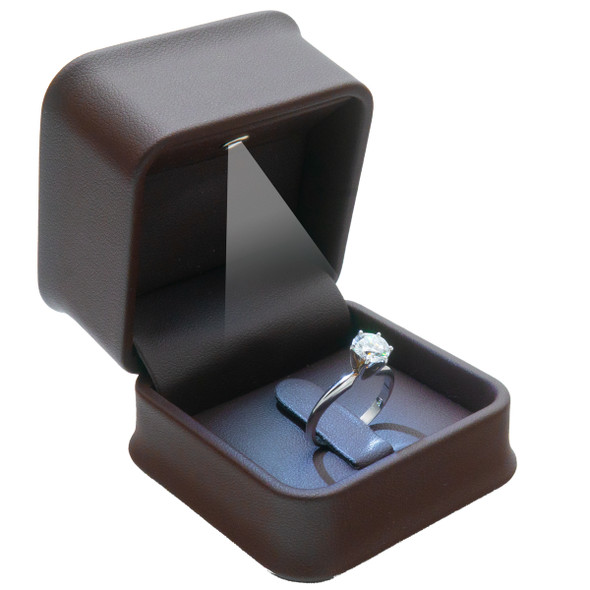  LED Lighted Ring Box with Clip Features Plush Brown Leatherette Exterior