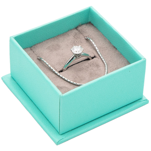 Teal Blue Ring-Earring Combination Box Features a Silver Bow and Grey Suede Interior - 12 Pcs Per Pack