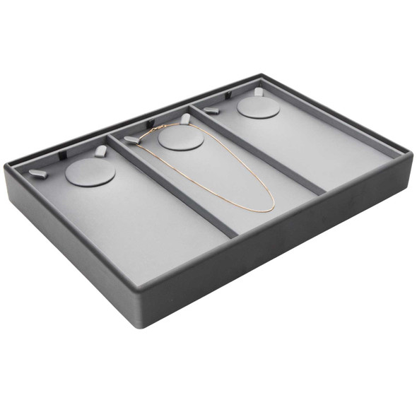 Steel Grey Faux Leather Necklace and Chain Display Tray with Removable Sections and Stackable Beveled Base