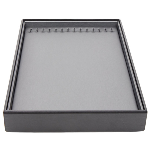Steel Grey Faux Leather Chain Display Tray with 14 Bendable Wire Hooks – Stackable Jewelry Chain & Necklace Organizer