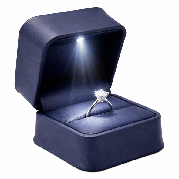 LED Lighted Blue Faux Leather Ring Box with Cushion Slot & White Outer Packer – Wholesale Jewelry Packaging