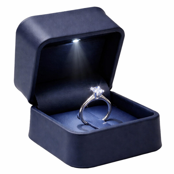 LED Lighted Blue Faux Leather Ring Box with Full-View Ring Clip & White Outer Packer – Wholesale Jewelry Packaging
