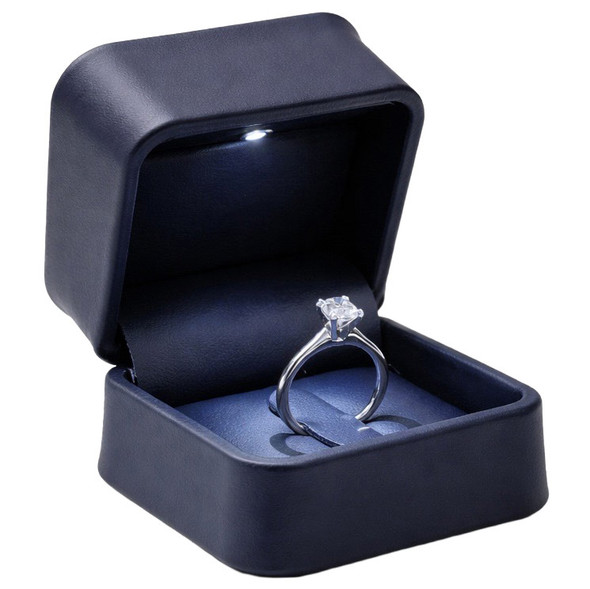LED Lighted Blue Faux Leather Ring Box with Full-View Ring Clip & White Outer Packer – Wholesale Jewelry Packaging