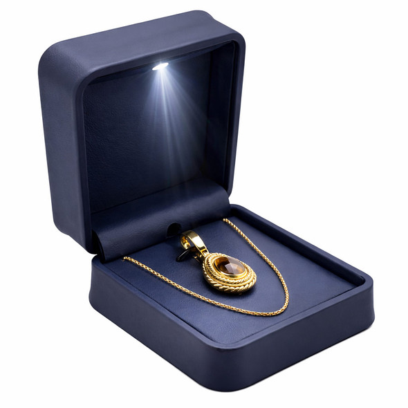 LED Lighted Blue Faux Leather Pendant & Chain Box with Bendable Wire Insert & White Outer Packer – Wholesale Jewelry Packaging