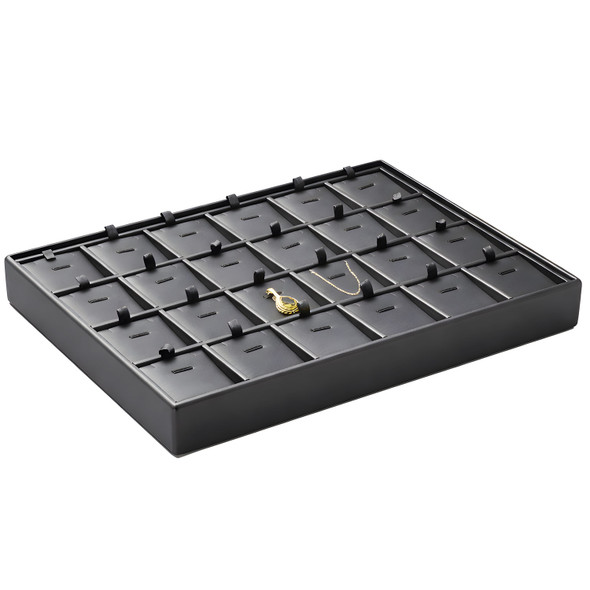 Steel Grey and Black Faux Leather Pendant and Chain Display Tray – 24 Section Stackable Jewelry Showcase with Removable Pads