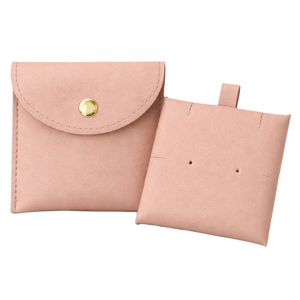 Snap Button Pink Jewelry Pouch with Removable Display Card – Stud, Dangle & Chain Holder – 10 Pack – Custom Logo Hot Stamp Available