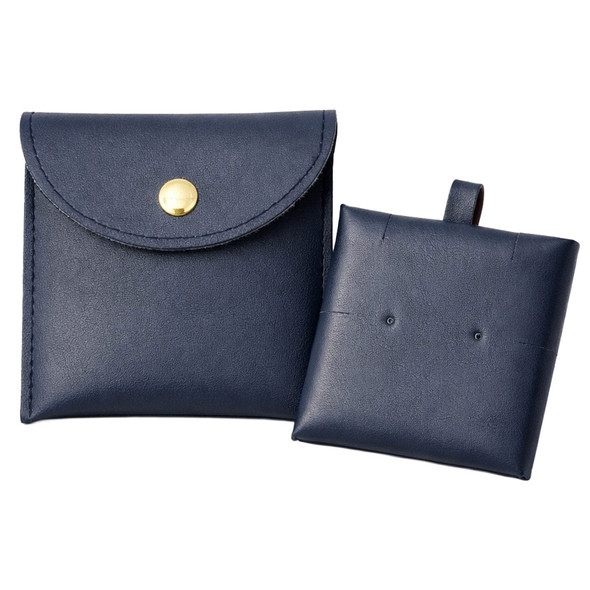 Snap Button Navy Blue Jewelry Pouch with Removable Display Card – Stud, Dangle & Chain Holder – 10 Pack – Custom Logo Hot Stamp Available