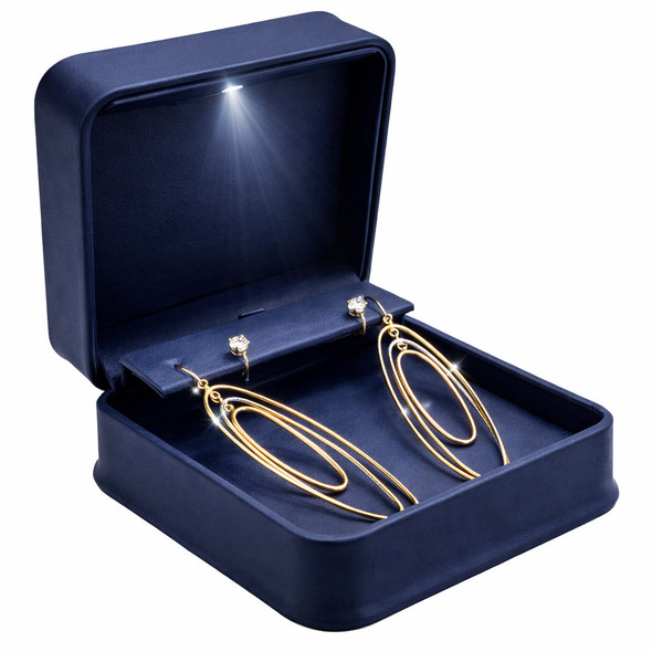 LED Lighted Blue Faux Leather Combination Pendant & Earring Box with Reversible Insert & White Outer Packer – Wholesale Jewelry Packaging