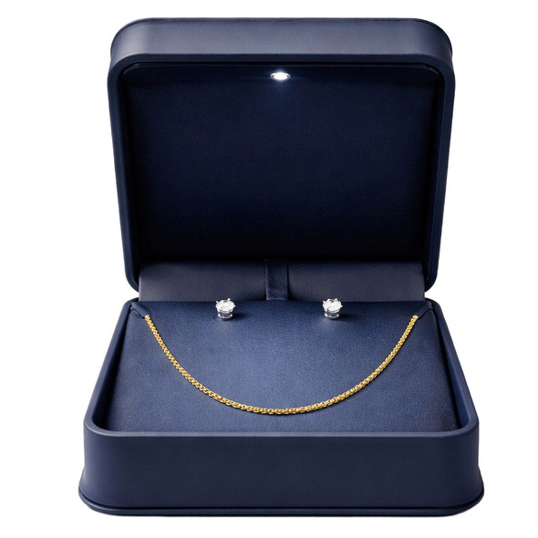 LED Lighted Blue Faux Leather Combination Pendant & Earring Box with Reversible Insert & White Outer Packer – Wholesale Jewelry Packaging