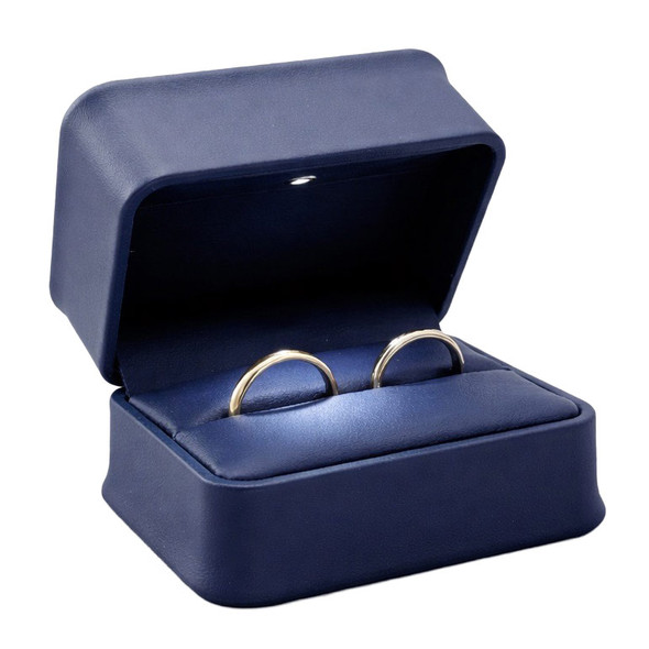 LED Lighted Blue Faux Leather Double Ring Box for Wedding Bands & Bridal Sets with White Outer Packer – Wholesale Jewelry Packaging