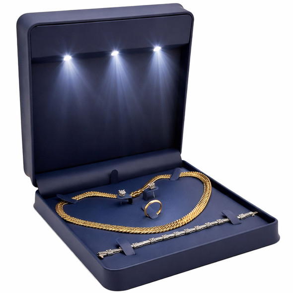 LED Lighted Blue Faux Leather Large Necklace & Jewelry Set Box with Triple LED Lights & White Outer Packer – Wholesale Jewelry Packaging