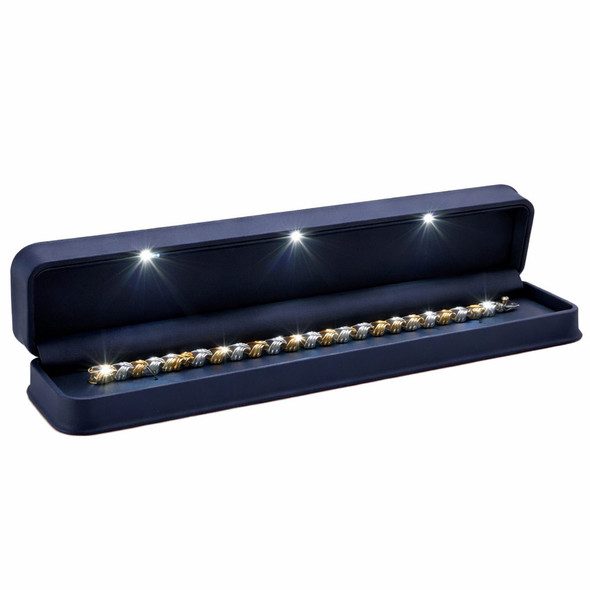 LED Lighted Blue Faux Leather Bracelet Box with Triple LED Lights & White Outer Packer – Wholesale Jewelry Packaging