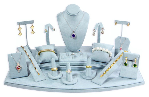 Light Blue Faux Suede 18-Piece Jewelry Display Set with Base – Complete Showcase Display for Jewelers