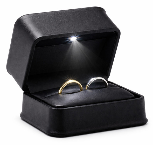 LED Lighted Black Faux Leather Double Ring Box for Wedding Bands & Bridal Sets with Black Outer Packer – Wholesale Jewelry Packaging