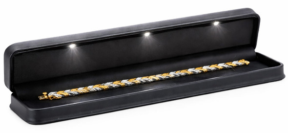 LED Lighted Black Faux Leather Bracelet Jewelry Box with Triple LED Lights – Illuminated Bracelet Presentation Box with Black Outer Packer