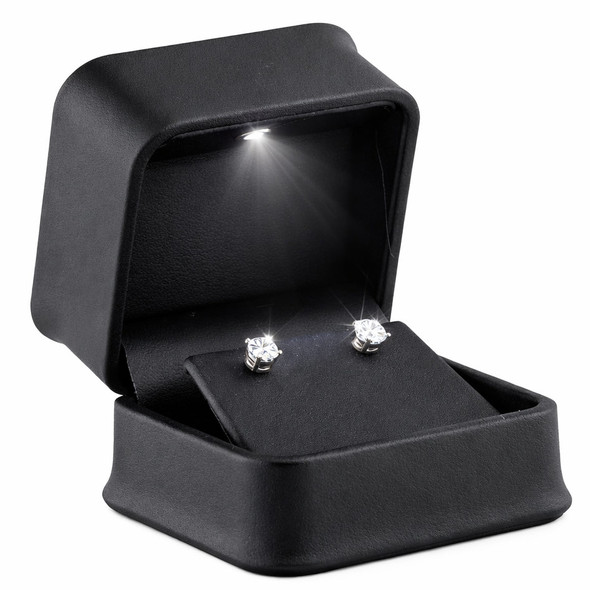 LED Lighted Black Faux Leather Earring Jewelry Box – Illuminated Stud Earring Presentation Box with Black Outer Packer