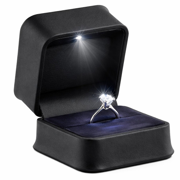 LED Lighted Black Faux Leather Ring Box with Cushion Insert – Illuminated Engagement Ring Presentation Box with Black Outer Packer
