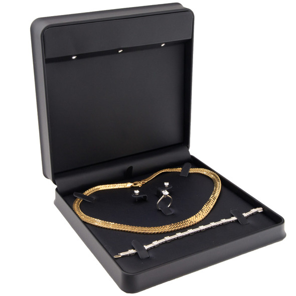 LED Lighted Black Faux Leather Necklace Combination Jewelry Box – Illuminated Jewelry Set Presentation Box with Black Outer Packer