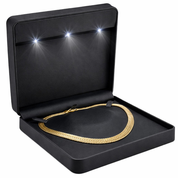 LED Lighted Black Faux Leather Necklace Jewelry Box – Illuminated Necklace Presentation Box with Black Outer Packer