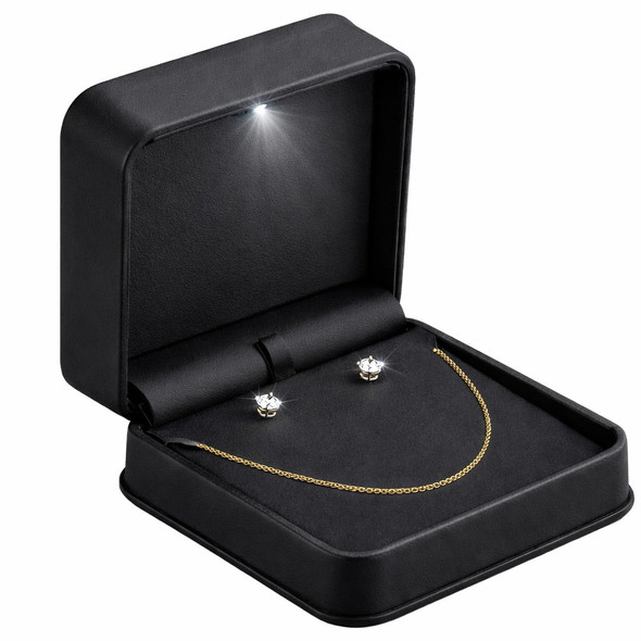 LED Lighted Black Faux Leather Pendant & Earring Jewelry Box – Illuminated Necklace and Earring Set Presentation Box with Black Outer Packer
