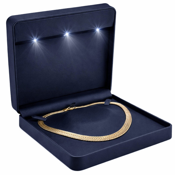 Midnight Lux LED Large Necklace Box – Navy Blue Lighted Jewelry Box for Single Chain or Necklace (White Outer Packer Included)