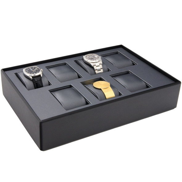Steel Grey and Black Faux Leather Watch Display Tray – Stackable Jewelry Showcase Tray with Removable Cushions for Watches and Bracelets