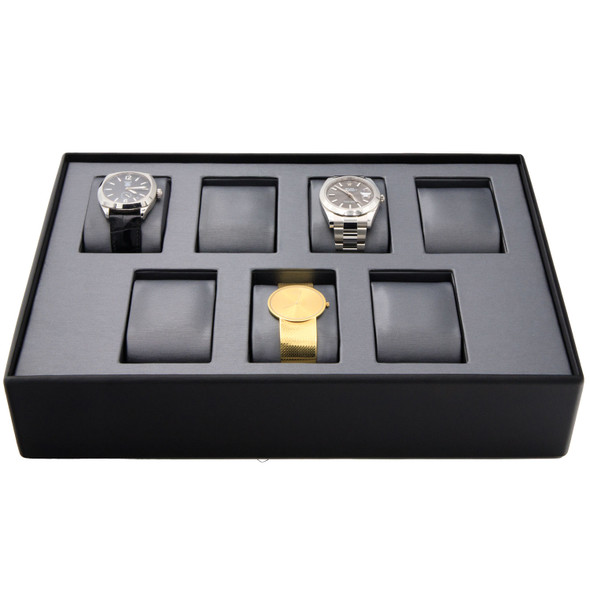 Steel Grey and Black Faux Leather Watch Display Tray – Stackable Jewelry Showcase Tray with Removable Cushions for Watches and Bracelets