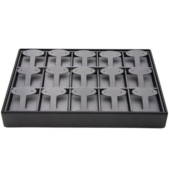 Steel Grey and Black Faux Leather Earring Display Tray – 15 Pair T-Bar Style Stackable Jewelry Showcase for Hoop and Dangle Earrings