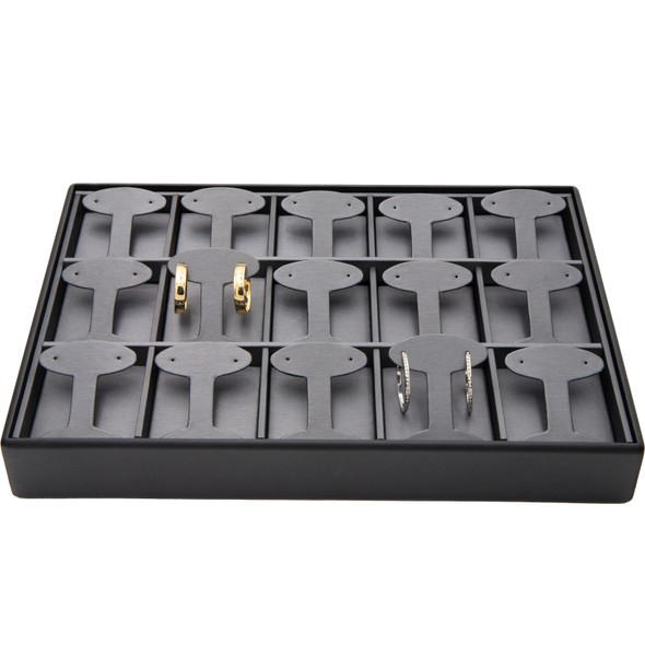 Steel Grey and Black Faux Leather Earring Display Tray – 15 Pair T-Bar Style Stackable Jewelry Showcase for Hoop and Dangle Earrings