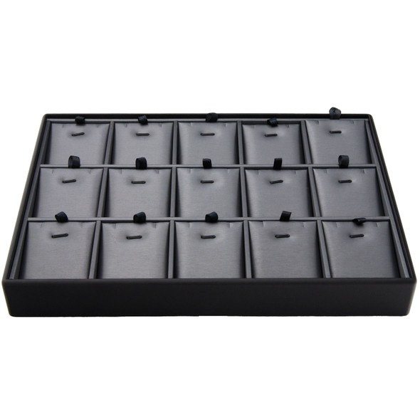 Steel Grey and Black Faux Leather Pendant & Charm Display Tray – 15 Slot Stackable Jewelry Showcase with Removable Pads for Small Necklaces