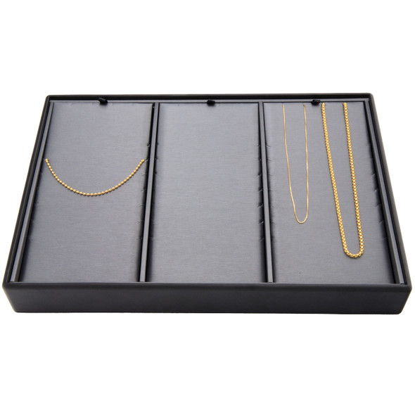 Steel Grey and Black Faux Leather Necklace Chain Display Tray – 3 Section Stackable Jewelry Showcase for Chains & Necklaces