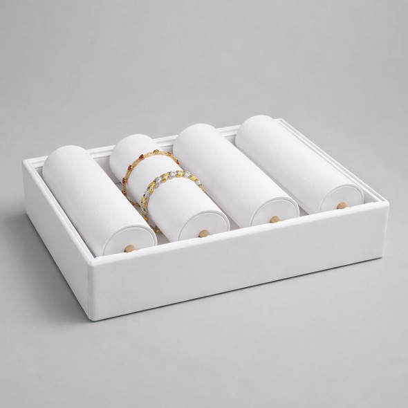 White Faux Leather Bracelet Display Tray – 4 Tube Stackable Jewelry Showcase for Bangles and Tennis Bracelets
