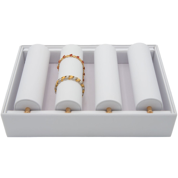 White Faux Leather Bracelet Display Tray – 4 Tube Stackable Jewelry Showcase for Bangles and Tennis Bracelets