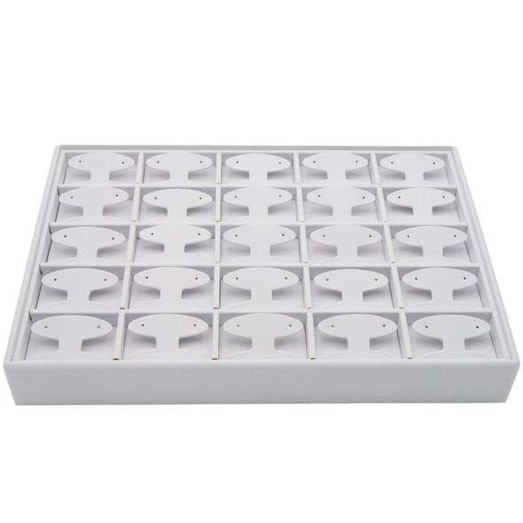 White Faux Leather Earring Display Tray – Holds 25 Pairs, Short T-Bar Style Stackable Jewelry Showcase for Studs, Huggies & Small Hoops
