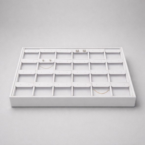 White Faux Leather Earring Display Tray – Holds 24 Pairs with Removable Earring Cards, Stackable Jewelry Showcase