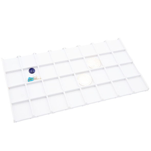 32-Compartment Jewelry Display Pad Insert – White Faux Leather Tray Insert for Coins, Gemstones & Loose Items