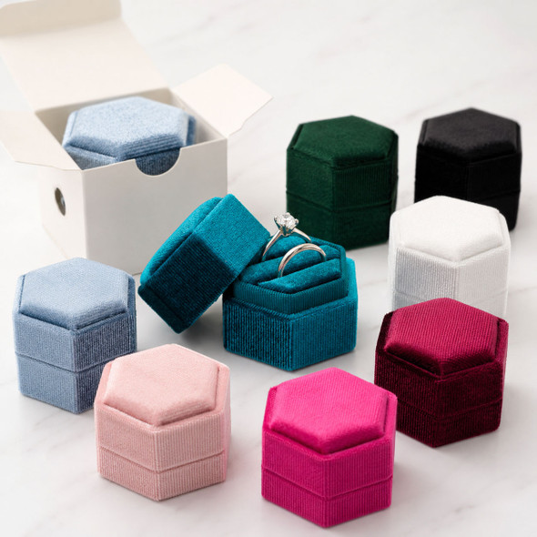 Vintage Velvet Hexagon Ring Box Assortment with White Outer Packer – Mixed Colors by the Dozen
