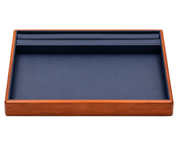 Navy Blue Faux Leather Countertop Jewelry Presentation Tray with Wood Trim - 10 1/2"x 8 5/8"x 1"H