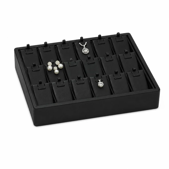 Black Faux Leather Stackable Pendant, Earring & Charm Display Tray – 18 Cushioned Display Cards - 8 7/8" x 7 1/8"