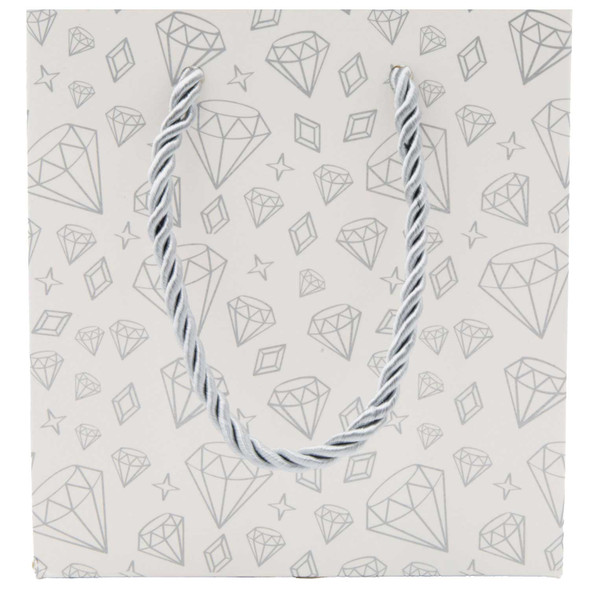 White & Silver Diamond Print Paper Jewelry Gift Bags with Rope Handles – 5 Sizes - 20pcs Per Pack