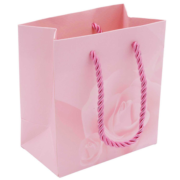 Pink Rose Print Paper Jewelry Gift Bags with Rope Handles – 5 Sizes - 20pcs Per Pack