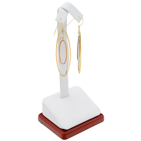 White Faux Leather Earring Display with Rosewood Base