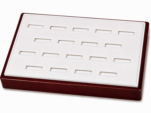 18-Ring Slot White Faux Leather Display Tray with Glossy Rosewood Trim