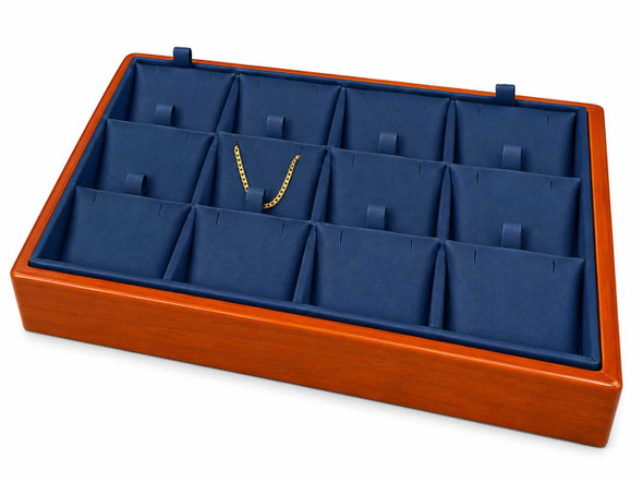 Blue Faux Leather Stackable Pendant & Earring Display Tray with Glossy Honey Oak Trim – 12 Removable Cards - 9"x6"