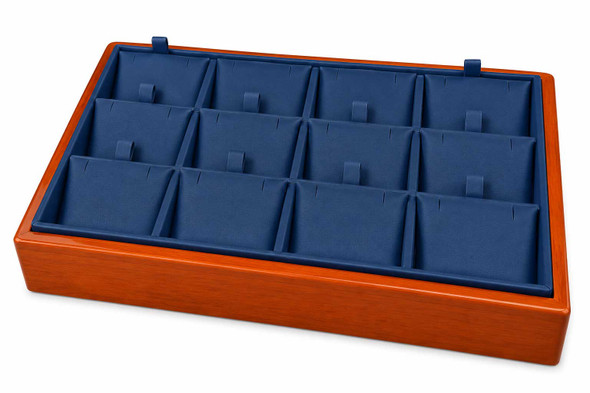 Blue Faux Leather Stackable Pendant & Earring Display Tray with Glossy Honey Oak Trim – 12 Removable Cards - 9"x6"