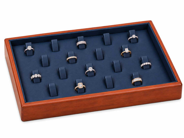 Blue Faux Leather Stackable Ring Display Tray with Wood Trim – 18 Ring Clips