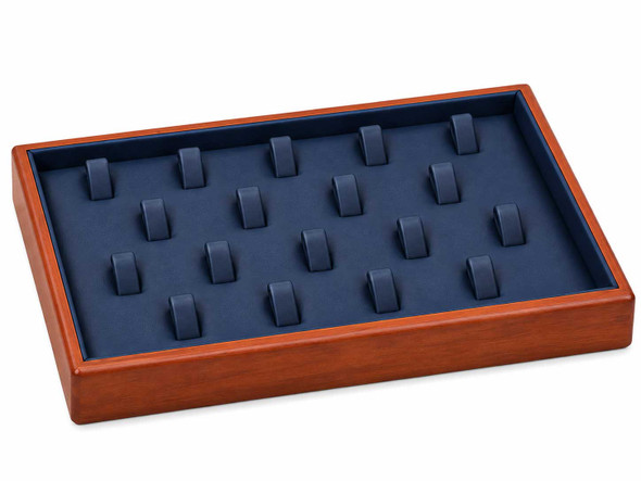 Blue Faux Leather Stackable Ring Display Tray with Wood Trim – 18 Ring Clips