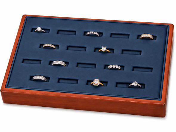 Blue Faux Leather Stackable Ring Display Tray with Glossy Honey Oak Trim – 18 Slots - 9"x6"