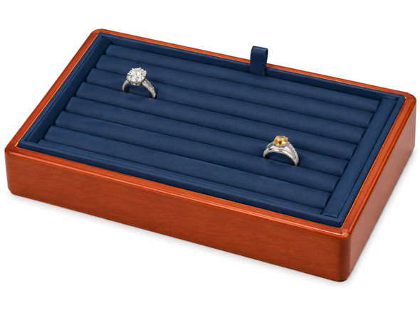 Blue Faux Leather Stackable Wide Ring & Bangle Display Tray with Glossy Honey Oak Trim - 9"x6"